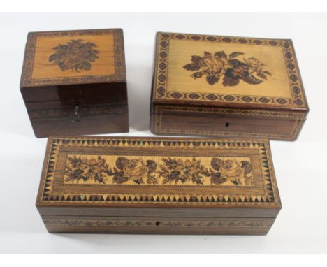 Three 19th Century Tunbridge ware boxesTo include glove box, length 25cm, tea caddy length 12cm, lidded box of rectangular fo