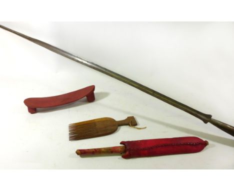 An African Masai spear, mid 20th Century96cm double edged spearhead, head bent, according to the vendor this was bent when ki