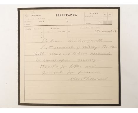 An 1894 Russian mourning telegram form to Queen Victoria, written and signed in the manuscript hand of the Prince of Wales (E