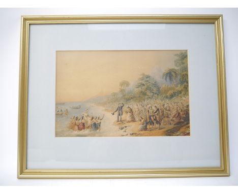 Pacific Islands interest, three framed and glazed coloured Baxter prints, 'The Reception of the Rev. J. Williams at Tanna in 