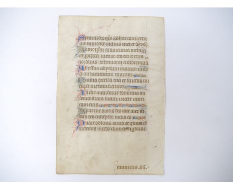 An illuminated leaf from a 15th Century French book of prayers, illuminated manuscript on vellum, 16 lines of single column G