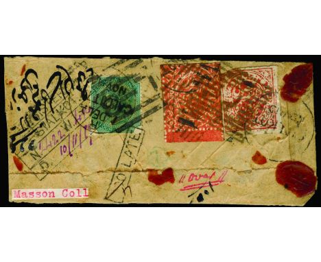 1879 November 9, large part registered piece from Jammu to Calcutta bearing 1878-79 4a red and 1879 ½a red (SG 116, 126) tied
