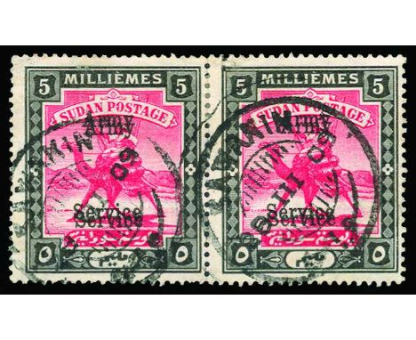 Army Service: 1906-11 watermark star and crescent 5m scarlet and black, error overprint double, both horizontal (SG A9a), hor
