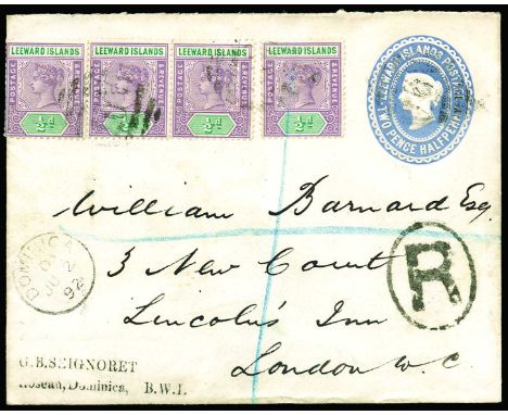 1892 June 2, Leeward Islands 2½d light blue stationery envelope, size 'a' (H&G 2), uprated Leeward Island 1890 ½d (4) and use