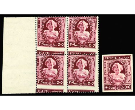 1940 Child Welfare Fund 5m+5m, left marginal block of 4, intentionally misperforated and imperforate single with Cancelled un
