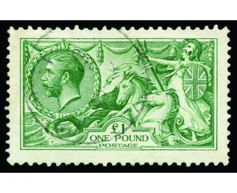 1913 Waterlow Seahorses £1 green (SG 403) fine used with light indistinct cds, centred slightly to top and a couple of shorti