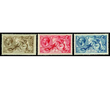 1918-19 Bradbury Wilkinson Seahorses 2s 6d pale brown, 5s rose-red and 10s dull grey-blue (SG 415a, 416, 417), 2s 6d and 10s 