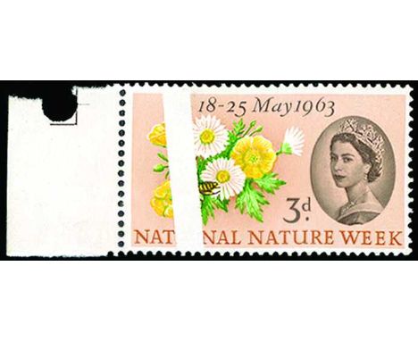1963 National Nature Week 3d 'ordinary', showing striking flaw, an unprinted white vertical strip to left, approx 4mm wide (o
