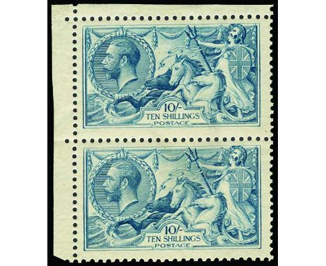 1918-19 Bradbury Wilkinson Seahorses 10s dull grey-blue (SG 417) u/m vertical pair from the top left corner of the sheet with