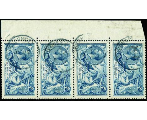 1918-19 Bradbury Wilkinson Seahorses 10s dull grey-blue (SG 417), left marginal vertical strip of 4, top stamp a couple of sh