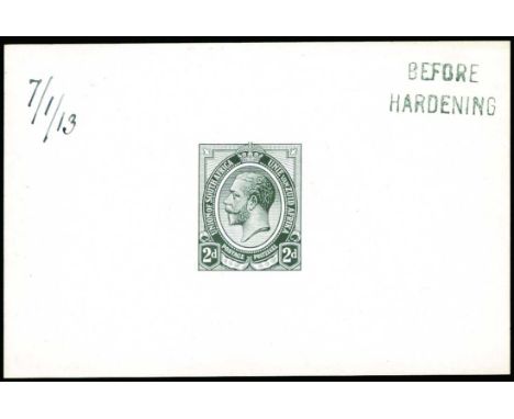1913-24 2d, die proof in black on glazed card, 92mm x 60mm, h/s 'BEFORE/ HARDENING' and dated '7/1/13' in manuscript, reverse
