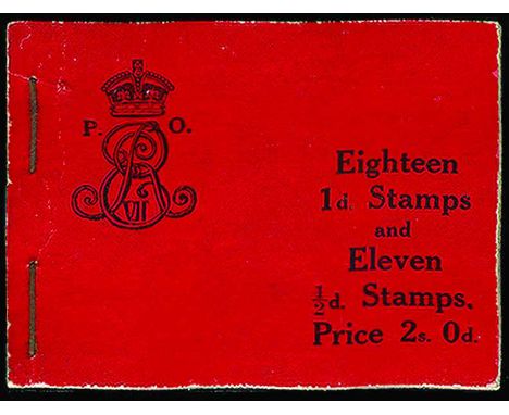 1911 2s booklet with red cover and interleaves printed in green (SG BA6), the first 1d pane and last ½d pane (with the green 
