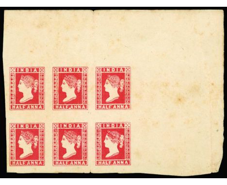 1889 (Oct) ½a lithographic transfer in deep red on yellowish wove paper, block of 6 (3 x 2) from the right of the plate (Spen