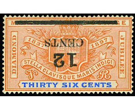 1902 12c on 36c orange and ultramarine, error surcharge inverted (SG 163a) light even toning and vertical crease at right, la