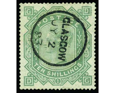 1867-83 Watermark Anchor on White paper 10s greenish grey (SG 135) lettered DG, used by central Glasgow cds of July 2 1883, w