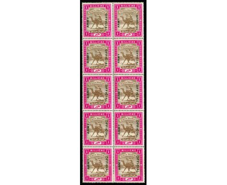 Army Service: 1905 (Jan) 1m brown and pink, block of 10 (R1/5-6 to R5/5-6) incl 'small' overprint type A2 (R1/6, R2/6) and "!