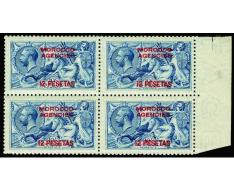 Spanish Currency: 1914-26 De La Rue 12p on 10s blue (SG 141) u/m block of four from the right of the sheet, fresh and fine, c