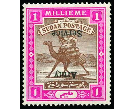 Army Service: 1906-11 watermark star and crescent 1m brown and carmine (12mm spacing), error overprint inverted (SG A6b), fre