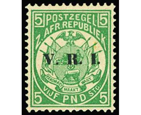 1900 V.R.I. overprinted £5 deep green (SG 237), light vertical crease but fresh and lightly hinged, large part o.g., RPS Cert