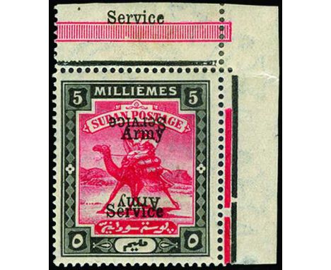Army Service: 1906-11 watermark star and crescent 5m scarlet and black, error overprint double, one inverted (SG A9e), upper 