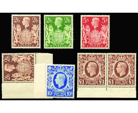 1939-48 'Arms' 2s6d brown (2), 2s6d green, 5s, 10s ultramarine (5 incl block of four) and £1 (2) (between SG 476/78c) some wi