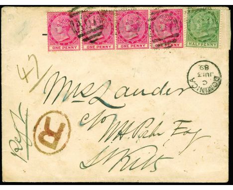 1889 Registered cover to St Kitts, 4½d rate paid by 1886-90 1d rose horizontal strip of four and single ½d dull green, used/t