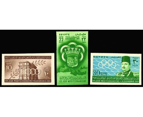 1951 First Mediterranean Games, imperforate set of 3 with Arabic cancelled underprints (as SG 369/71, Balian 140c/42c), only 
