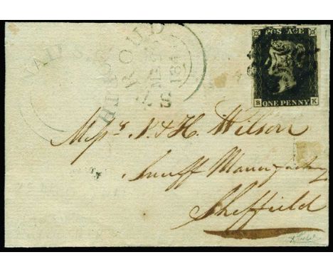 1841 March outer letter sheet from Stroud to Sheffield, franked with four margined 1840 1d black plate 8, lettered "BK", tied