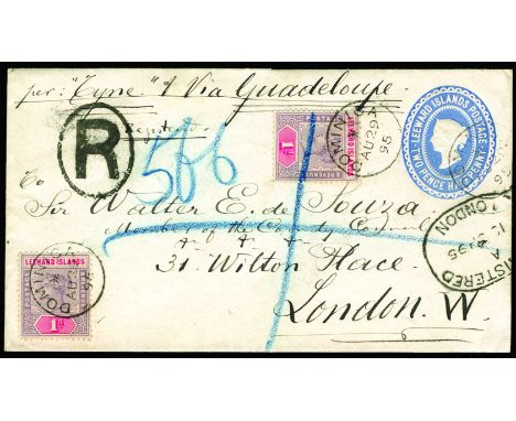 1895 August 29, Leeward Islands 2½d light blue stationery envelope, size 'b' (H&G 2a), uprated Leeward Island 1890 1d (2) and