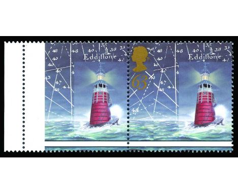 1998 Lighthouses 63p left hand marginal pair (SG 2038var), misperforated so that left hand stamp is missing Queen`s head and 