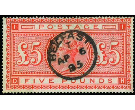 1867-83 Watermark Anchor on White paper £5 orange (SG 137) lettered DH, neatly used by central Belfast cds of April 6 1885, c