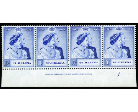 1948 Royal Silver Wedding 10s violet-blue (SG 144), lower marginal horizontal strip of four showing printers inscription, lig