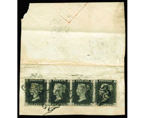 1840 1d black plate 7: EI-EL horizontal strip of four  tied to piece by several MC's in black, 'EK' with vertical filing crea