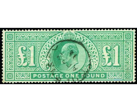 1902-10 £1 dull blue-green (SG 266) neatly used with light central Guernsey cds of April 11 1911, some slightly stained perf 