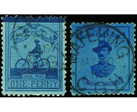 1900 (6-10 April) 1d deep blue/blue (Major Goodyear - SG 18) and 3d deep blue/blue, 18½mm wide (Baden Powell - SG 20), each a