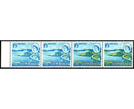 1966 1s3d blue and ochre 'Lake Kyle', horizontal strip of four from the left of the sheet, stamps 1 and 2 variety 'Ochre part