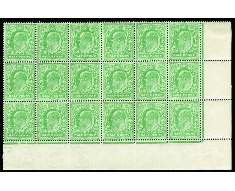 1911 Perf 15 x 14 ½d dull green (SG 279), lower right corner block of eighteen (6 x 3), stamp 3 with hinge remain (another in