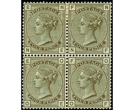 1880-83 Watermark Imperial Crown 4d grey-brown plate 18 (SG 160) large part toned o.g. block of four lettered NE-OF, some lig
