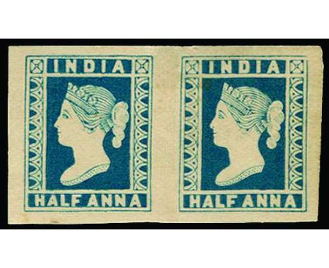 1894(?) ½a lithographic transfer in blue on thin yellowish unwatermarked paper, horizontal pair with "S P" of "SPECIMEN" prin