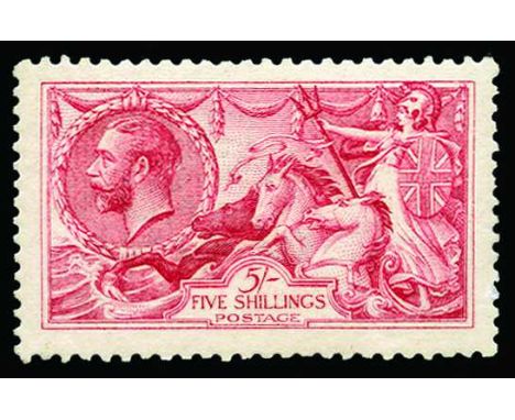 1915 De La Rue Seahorse 5s bright carmine (SG 409) centred to top, some light gum bending and few shortish perfs, u/m cat £1,