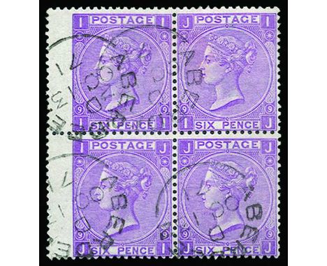 1867-80 6d mauve plate 9 (SG 109) left hand marginal block of four, t/l with a tiny thin, nicely used by light Aberdeen cds`s