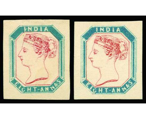 Eight Annas: 1854 Photolithographed printed singly: 8a light blue frame and red-brown head on yellowish wove paper (Spence 1)