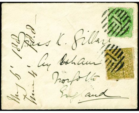1888 May 6, envelope from Kashmir to Norfolk with blue embossed crest of the '2nd Royal Sussex Regiment' on flap franked 1883