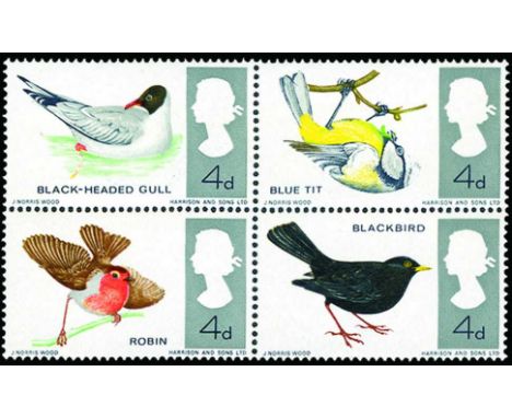 1966 British Birds, se-tenant block of 4, error bright blue omitted (SG 696g/97g, 698/99), u/m, around 40 blocks recorded