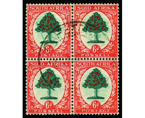 1933-48 6d green and vermilion (I), block of 4, upper pair showing the "falling ladder" flaw (SG 61a), fine used by light Cap