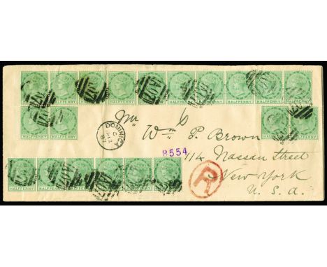 1887 March 12, long O.H.M.S cover used (for non official purposes) registered to New York, USA, franked by twenty examples of