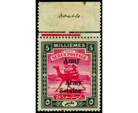 Army Service: 1906-11 watermark star and crescent 5m scarlet and black, error overprint double, both horizontal (SG A9a) uppe
