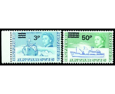 1971 3p on 3d blue and 50p on 10s ultramarine and emerald, both variety 'Watermark inverted' (SG 29a, 37a) u/m, fine and scar