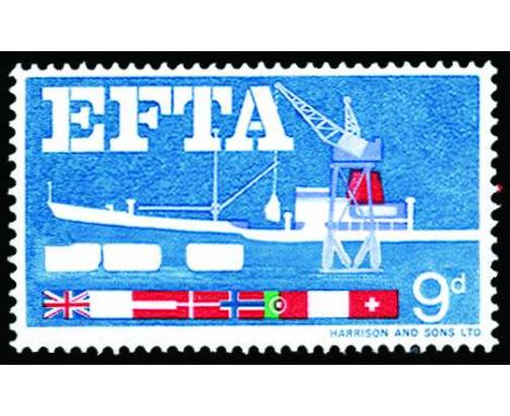 1967 EFTA 9d error 'Black (Queen`s head), brown, new blue and yellow omitted (SG 715a), fresh u/m, cat £1,300