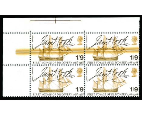 1968 Anniversaries 1s 9d James Cook, upper left corner block of 4, upper horizontal pair showing excellent 'doctor blade' fla
